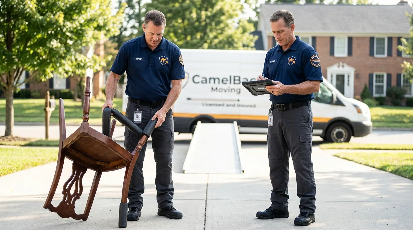 Movers inspecting furniture for damage prevention before loading in Clear Lake, IA