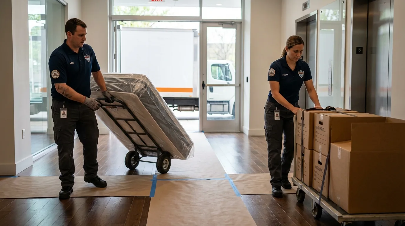 Professional apartment movers loading elevator in Clear Lake, IA