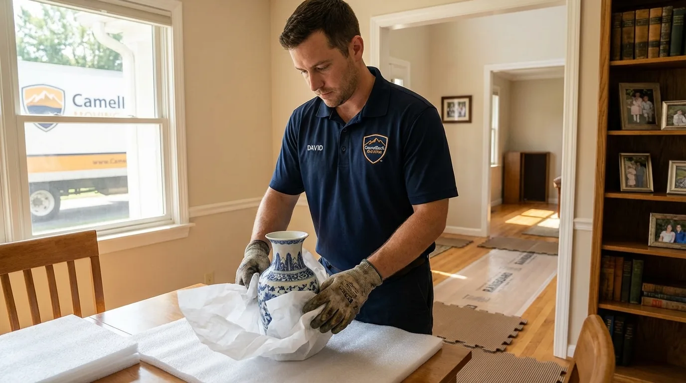 Professional crew carefully wrapping antique vase for senior downsizing move in Clear Lake, IA