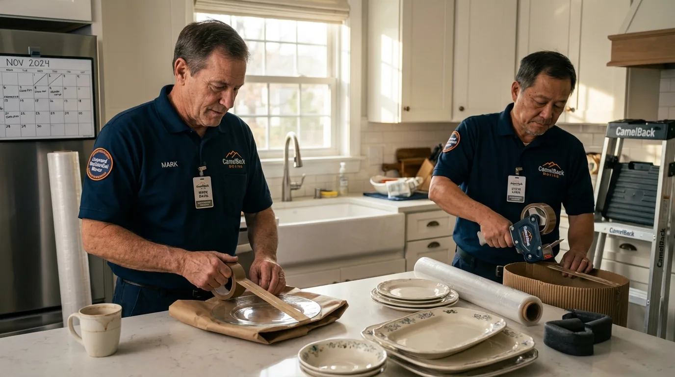 Professional crew packing kitchen dishware in Clear Lake, IA